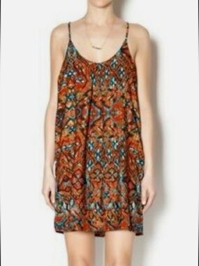 Sleeveless Boho Print Mini slip Dress in Rust Teal Bishop + Young Size M Tank